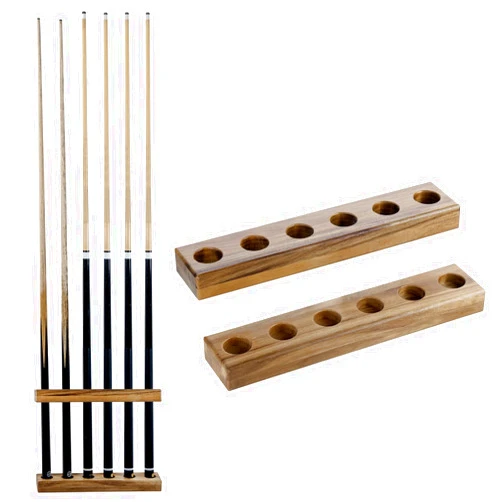 MyGift Premium Solid Acacia Wood Wall Mounted Billiard Cue Stick Rack, Rustic Wooden Pool Hall Accessories Holder Shelf, Billiards Parlor Hanger for 6 Cues