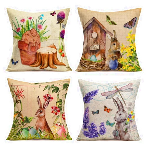 Yameeta Set of 4 Spring Easter Home Decor Pillow Covers 18x18 Inch Rabbit Colorful Egg Flowers Lavender Leaves Butterfly Bunny Nest Happy Easter Farmhouse Decorations Throw Pillow Cases Linen