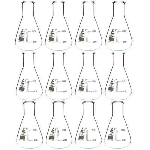 EISCO 12PK Erlenmeyer Flasks, 50mL - Borosilicate Glass - Narrow Neck Flasks, Conical Flasks, Glass Flasks