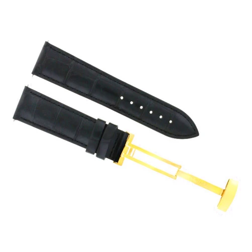 Ewatchparts 18MM LEATHER BAND STRAP DEPLOYMENT CLASP COMPATIBLE WITH JAEGER LECOULTRE WATCH BLACK GOLD