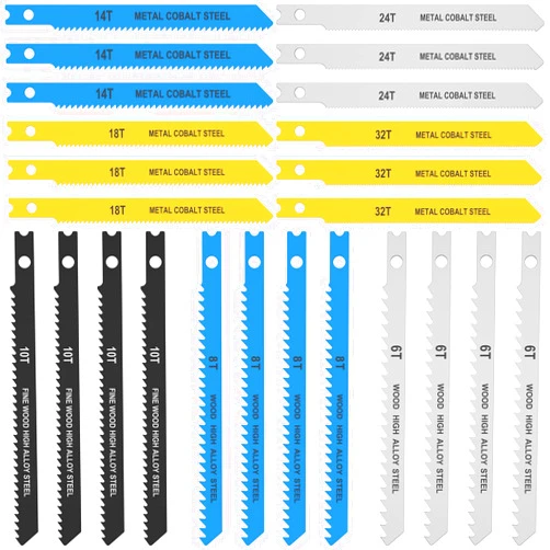 PieJoFpy 24PCS Jig Saw Blade Set, U-Shank Jigsaw Blades for Wood High Carbon Steel Assorted Fast Cut Down Jigsaw Blade Compatible with Bosch DEWALT SKIL Black and Decker includes 6t 8t 10t 14t 18t 24t 32t