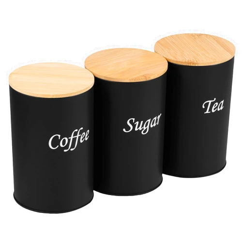 KarHoeGern 3 Pcs Food Canisters Sets with Bamboo Lid Airtight Iron Coffee Tea Sugar Container Set for Kitchen Countertop Coffee Bar Decorative Canisters Farmhouse Canister Jars(black)