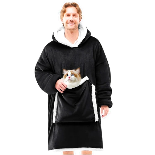 JOYWOO Black Wearable Blanket Hoodie,Oversized Cat Lovers Sweatshirt Blanket for Adult,Birthday Gifts for Men,Father,Boy,Cozy Fuzzy Sherpa Hooded Blanket with Giant Pocket and Winter Gifts,Standard