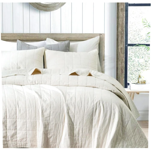 Meadow park Stonewashed Linen Cotton Box Stitch Quilt and Matching Pillow Shams 3pcs Set, Queen Size, Beige Color.