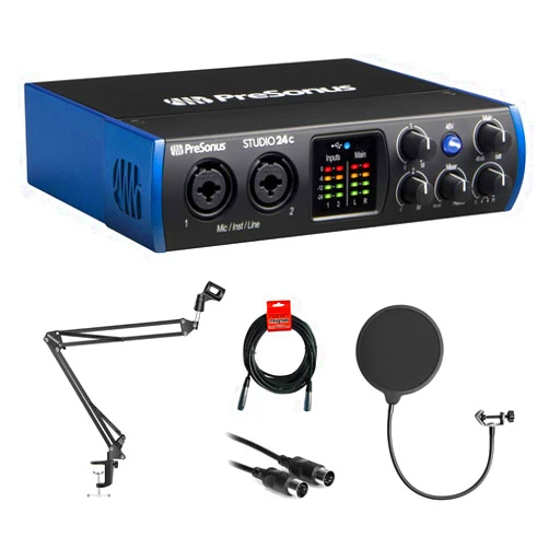 PreSonus Studio 24c 2x2 USB Type-C Audio/MIDI Interface with Kellopy Pop Filter, Mic Boom Scissor Arm Stand, 10ft MIDI Cable & XLR Cable Bundle