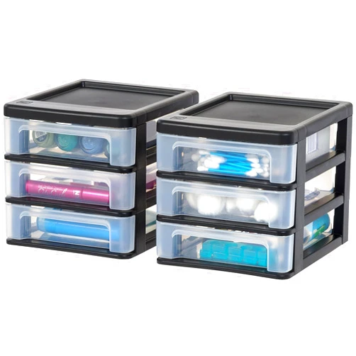 IRIS USA Plastic Stacking Desk Top 3-Drawer Storage Organizer, 2-Pack, for Makeup Vanity Nail Polish Bathroom Stationery Art Craft Supplies Kitchen Office Garage and Small Organization, Small, Black