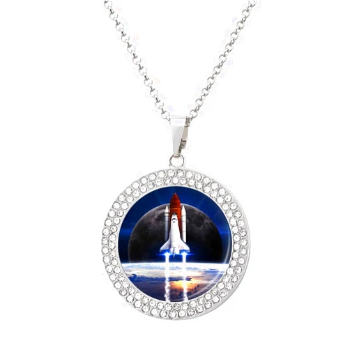 Oyihfvs Space Shuttle Taking Off on a Mission Galaxy Space Nebula Round Diamond Pendant, Silver Keepsake Memorial Necklace for Men Women Gift, Alloy Dog Necklace Keychain Tag Jewelry