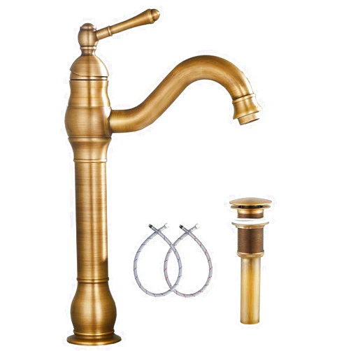 GGStudy 360° Swivel Antique Brass Bathroom Vessel Sink Faucet Single Handle One Hole Matching with Pop Up Drain