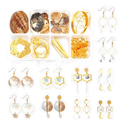 SUNNYCLUE 1 Box Make 10 Pairs Natural Shell Earring Making Starter Kit Include Geometric Shell Charms Jewellery Link connectors Linking Rings & Earring Hooks for Women DIY Earring Making