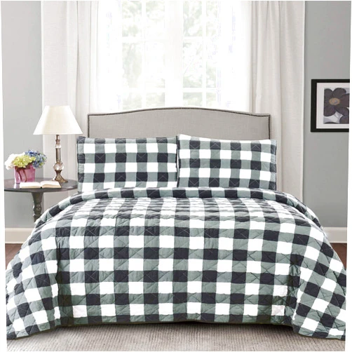 Sweet Home Collection Quilts Queen Size 3 Piece Set Vintage Pre Wash Buffalo Check Oversized Reversible Pattern with Pillow Shams, White/Black (Pack of 1)