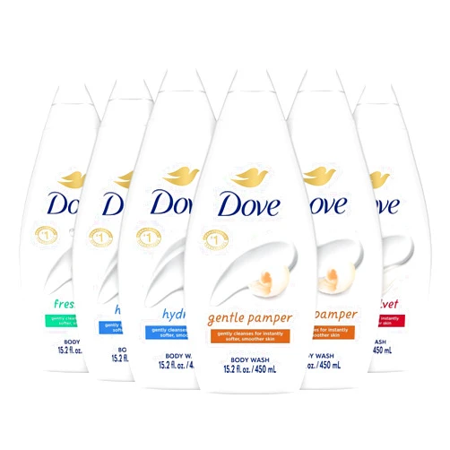 Dove Body Wash Variety 6-Pack – Hydrate, Gentle Pamper, Fresh Care, and Silky Velvet, 15.22 Oz Ea
