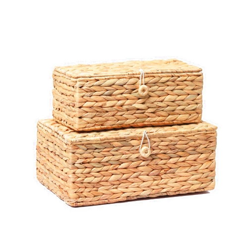 LUSYDECO Set of 2 Rectangular Wicker Storage Bins with Lid, Rattan Basket Decorative Boxes, Multipurpose Organizer Rattan Display Boxes for Shelf Organizer, Boho Rattan Box for Home Decoration