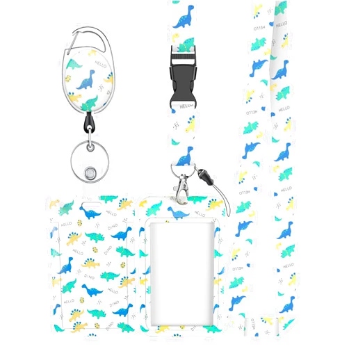 Uniclife Fashionable Sliding Badge Holder Cartoon Dinosaur Plastic Case with Retractable Badge Reel Carabiner Clip & Detachable Lanyard Strap Vertical Card Protector for Women Nurse Teacher Student
