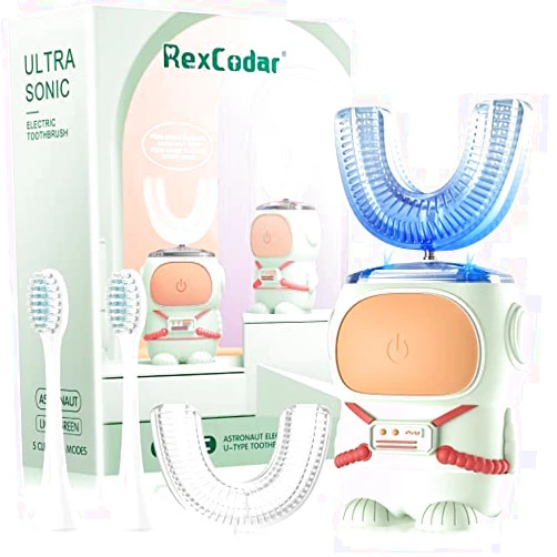 RexCodar Ultrasonic Kid's U-Shaped Electric Toothbrush, IPX7 Waterproof, Five Cleaning Modes, 60S Smart Reminder (Cartoon Astronaut,Green Ages 6-12)