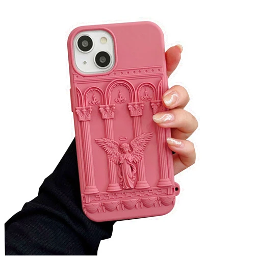 Ownest Compatible for iPhone 13/iPhone 14 Case with Silicone 3D Cute Angel Statue Retro Pattern Fashion Simplicity Design Aesthetic Women Teen Girls Phone Shockproof Cover -Red