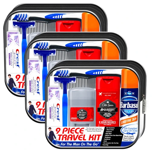 Convenience Kits International Men's Deluxe, 9-Piece Kit with Travel Size TSA Compliant Essentials, Featuring: Old Spice Products in Reuseable Toiletry Bag (Pack of 3)