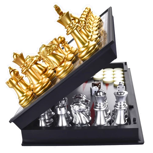 QuadPro 3 in 1 Magnetic Chess Checkers Backgammon Board Game Set with Folding Board Travel Games for Kids and Adults (Chess: Gold & Silver)