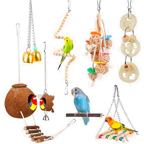 LovyoCoCo Toys for Bird Parakeet Toy Bird Perch Bird Cage Hammock Coconut Hideaway with Ladder Hanging Bell Swing Chewing Hanging Toy for Parakeet,Conure,Cockatiel,Love Birds,Parrots