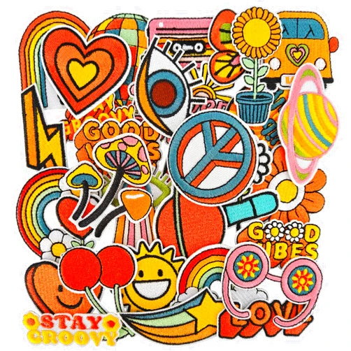 FR 32Pcs Hippie Iron On or Sew On Patches, Embroidered Patch for Jeans, Jackets, Hats, Bags, Backpacks, Clothing