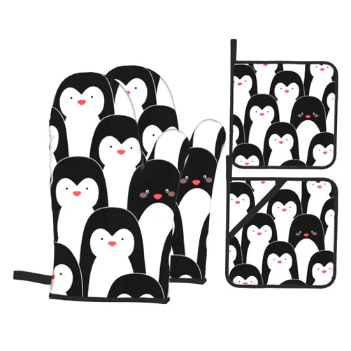 Opumxzb Cute Penguin Oven Mitts and Pot Holders Sets 4 Pcs Set, Heat Resistant Oven Gloves Hot Pad for Kitchen Cooking Baking BBQ