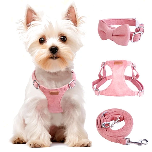 BUMBIN Dog Harness and Leash Set, XXS No Pull Adjustable Puppy Harness with Multifunction Pink Dog Leash and Dog Collar, Soft No Choke Escape Proof Pet Harness Vest for Small Dogs and Cats (Deep Pink, XXS)