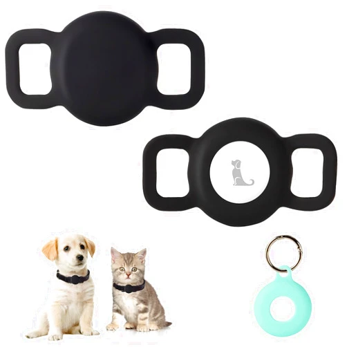PuppyDoggy 2 Pack Airtag Holder for Collar, Dog Cat Tracker Case, Silicone Airtag Case Waterproof, Scratch-Resistant, Anti-Lost & 1 Pack AirTag Keychain Holder for Bag, Suitcase (Small, Black)