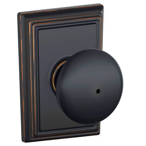 Schlage F40 Plymouth with Addison Rose Privacy Lock with 16080 Latch 10027 Strike Aged Bronze Finish