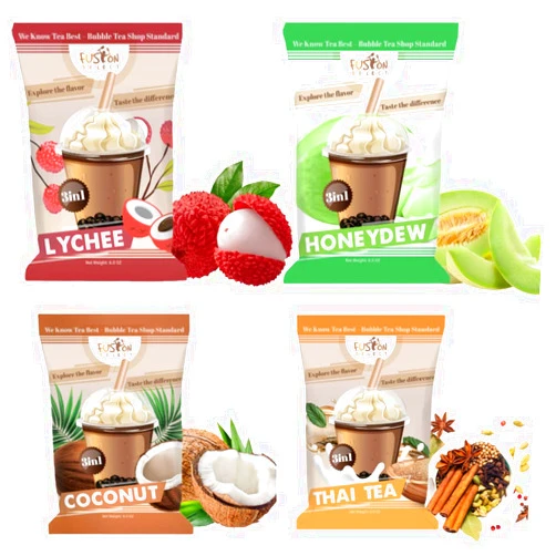 Fusion Select 4 Variety Flavors Thai Tea,Honeydew, Coconut, Lychee 3-in-1 Drink Powder Instant Pre-Mixed Powder for Hot or Cold Blends Yummy Frappes