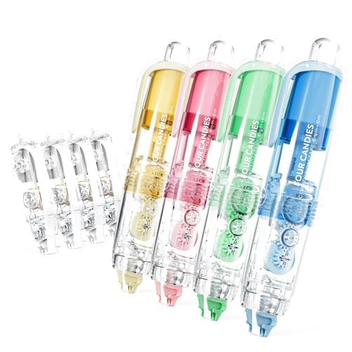 Four Candies 4PCS Refillable Retractable White Out Correction Tape, Colorful Mini Aesthetic Pen Shaped Quick Dry Easy to Use Cute White Out with 4 Extra Refills for Students School Office Supplies