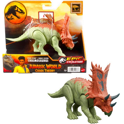 Mattel Jurassic World Strike Attack Chasmosaurus Dinosaur Action Figure Toy with Single Strike Action, Movable Joints, Physical & Digital Play