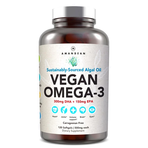 AMANDEAN Vegan Omega 3 Supplement. Premium Fish Oil Alternative. Algae DHA & EPA. Carrageenan Free Softgels. Algal Essential Fatty Acids. Plant Based Heart, Brain, Eye, Skin, Immune Support. (120ct)