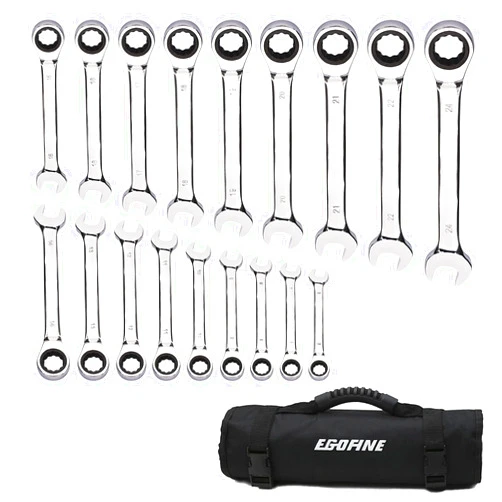 Egofine 18pc Metric Wrench Set, 6 mm - 24 mm Chrome Vanadium Steel Ratcheting Wrench Set with a Roll Up Storage Bag
