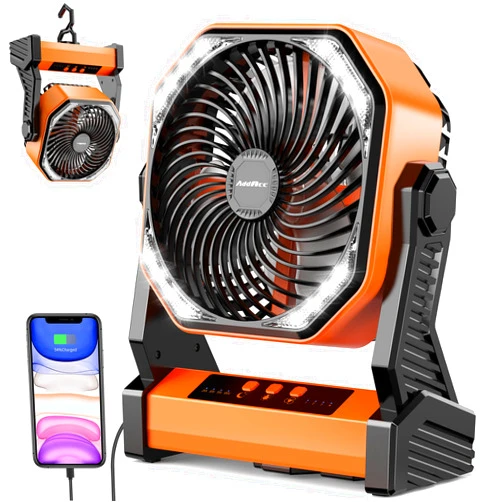 AddAcc 20000mAh Camping Fan, Rechargeable Battery Operated with 360° Rotatable Hook, 400 Lumes Light, 270° Pivot, 4 Speeds, 58Hrs Battery Powered Fan for Outdoor Tent Car Trip BBQ Hurricane Power Outages