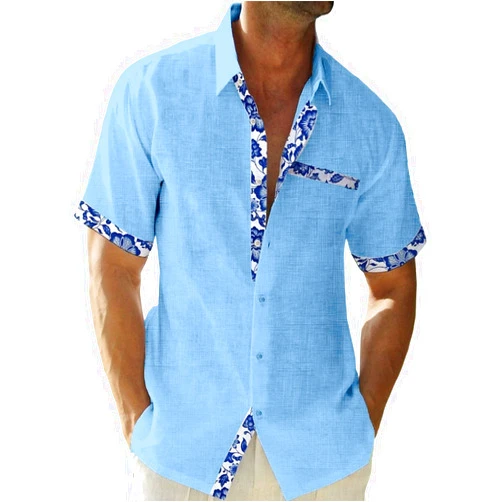 QIVICIMA Men's Hawaiian Shirt Linen Short Sleeve White Pink Sky Blue Button down shirt Casual Print Shirts