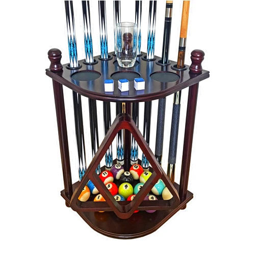 GACCO BILLIARDS Pool Cue Rack Hold up to 8 Sticks & Billiard Accessories. Floor Stand Pool Cue Stick Holder Made of 100% Solid Hardwood.(Traditional Mahogany)