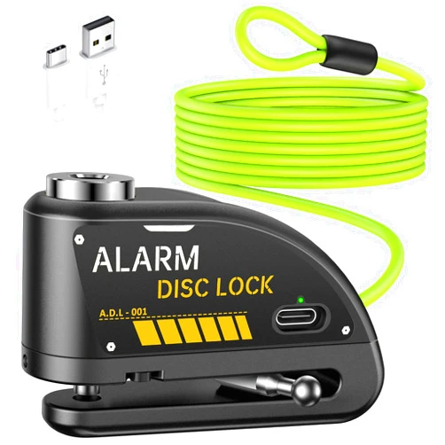 ONVIAN Rechargeable Motorcycle Lock with 120db Alarm and 6FT Steel Reminder Cable, for 7mm Pin Motorcycles Bicycles Ebike Scooter Moped (Black)