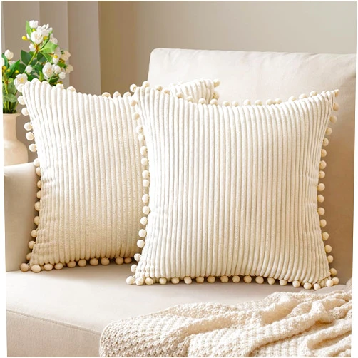 ANRODUO Pack of 2 Cream White Spring Boho Decorative Pillow Covers with Pom-poms Pillow Covers 18x18 Corduroy Cushion Case Cute and Soft Square Throw Pillows for Bed Couch Sofa Living Room Decor