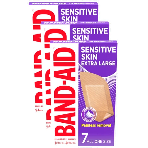 Band-Aid Brand Adhesive Bandages for Sensitive Skin, Hypoallergenic First Aid Bandages with Painless Removal, Stays on When Wet & Suitable for Eczema Prone Skin, Extra Large Size, 7 ct (Pack of 3)