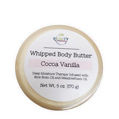 Beauty By Francesca Handmade Whipped Body Butter Cocoa Vanilla - 100% All Natural Ingredient Hydrating Moisturizing Body Cream with Essential Oils For Men and Women, 6Oz
