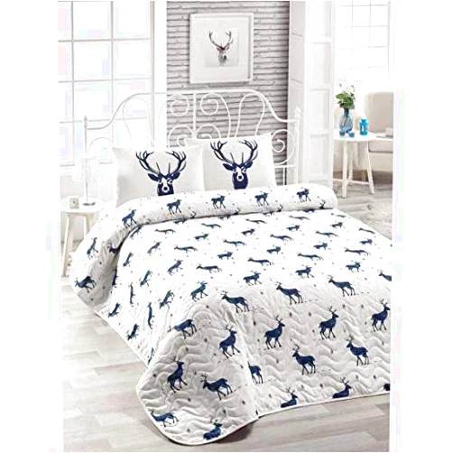 OZINCI DecoMood Deer Bedding, Single/Twin Size Bedspread/Coverlet Set for Christmas and New Year, Blue White Bed Set.