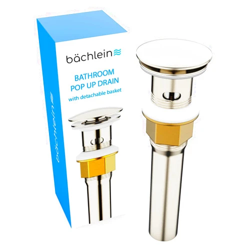 Bächlein Bathroom Sink Drain with Overflow - Brushed Nickel Pop Up Drain incl. 3 Extra Seals - German Brand