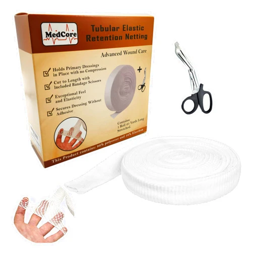 Medcore Fix Tubular Net Bandage (Size 6) – 10 Yard Roll, Stretches to 25 Yards - Plus Pair of Medical Scissors - Elastic Net Wound Gauze Dressing –Fits Thighs, Heads, Large Knees
