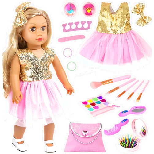Ecore Fun 19-Piece 18 Inch Doll Clothes & Makeup Set with Dress Cosmetic Bag Brushes Eye Shadow Blushers Hairclip Hair-Ties Combs Mirror Nail File Accessories, Gift for Ages 3+