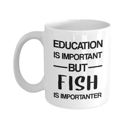 Art by Chelsydale Fish Themed Coffee Mug Tea Cup - 11oz Novelty - Gifts for Aquarist Fisherman Boat Lover Fishkeeping Hobby Aquarium Owner Enthusiast Hobbyist Funny Cute Gag Idea - Education is Important