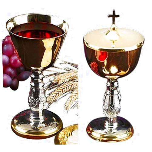Stratford Chapel Two Tone Chalice and Paten Set with Ciborium and Cross Cover, 5 Inch Height