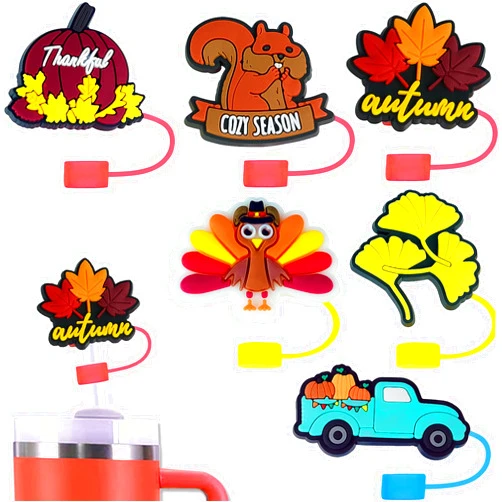 MICARA Silicone Fall Straw Toppers for Stanley Straw Covers, 6PCS MICARA Cute Thanksgiving Straw Cover Cap for Stanley Cup 30&40 Oz Tumbler, Reusable Pumpkin Straw Tips Protectors for 10mm 0.4in Straws