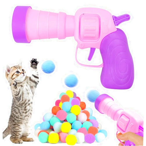 Xohny Cat Ball Launcher Toy Gun with 50 Pcs Pom Pom Balls, Cute Indoor Interactive Toys for Kitten Self Play, Ball Shooter for Training and Playing