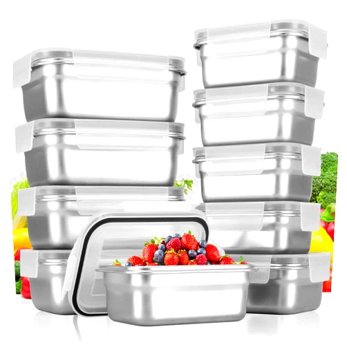 Cykorxicc 10 PC Square 304 Stainless Steel Food Containers with Lids, Airtight Bento Lunch Box, Metal Meal Prep Food Containers Reusable Stackable | Nestable Oven/Dishwsher/Freezer Safe