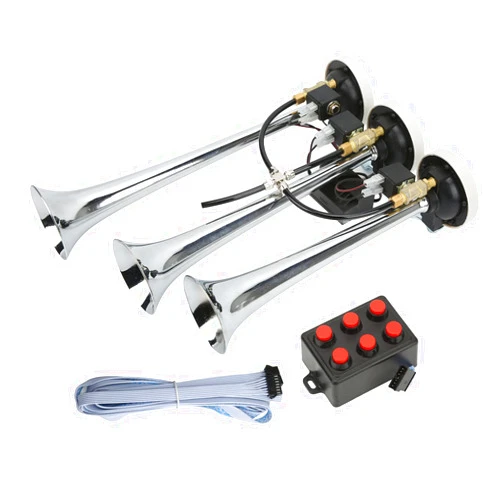 Ayayu Car 3 Musical Trumpet, DC 12V/24V Super Loud Sound 145dB Chrome Plated Truck Musical Air Horn with 6 Different Tones, Music Airhorn for Trcuk Car Yacht