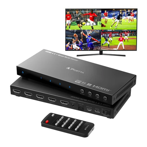 Portta HDMI Multiviewer Switch 4x1 with PIP, PORTTA Quad Multi Viewer Seamless Switcher 4 in 1 Out with Toslink, 3.5mm Audio Output Support 1080p 60Hz, 6 Viewing Modes, Downscaler, Compatible with PS4 Xbox